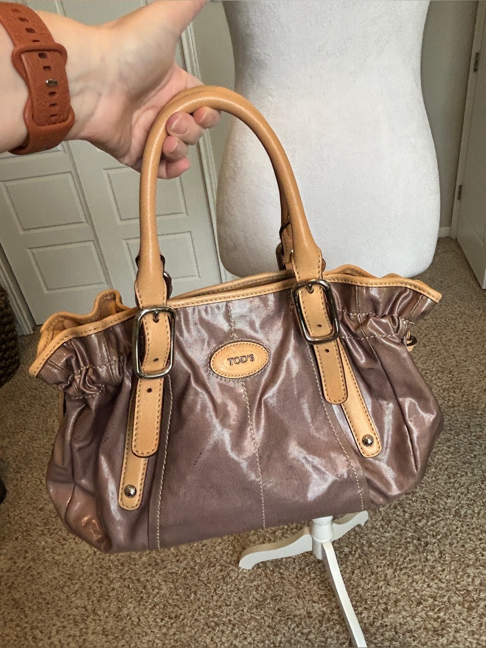 Tod’s G-Line Easy Sacca Tote Bag Metallic Rose Gold Mauve Coated Canvas Purse
